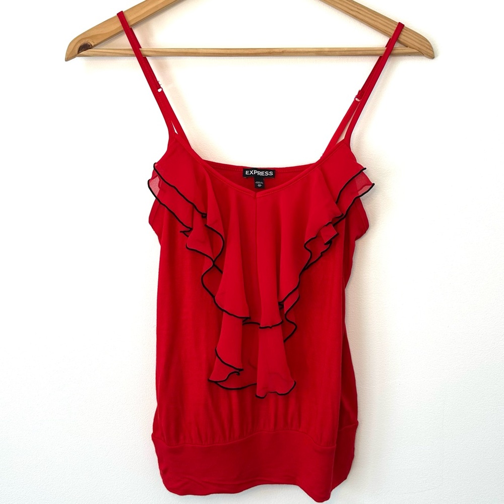 Express Red Ruffle Romantic Cami Top with Black Trim - Size XS - Picture 2 of 8